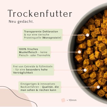 Trockenfutter in einer Schüssel, mit Textinformationen über transparente Deklaration, frisches Muskelfleisch und innovative Backverfahren.