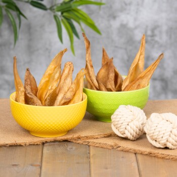 Zwei bunte Schalen gefüllt mit getrockneten Hundeleckerlis, eine gelbe und eine grüne, neben zwei weißen Seilspielzeugen auf einer Juteschicht.