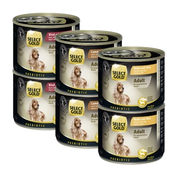 Sensitive Adult Mixpaket 6x200g Mixpaket 1 Dosen von Select Gold Hundefutter gestapelt, mit den Geschmacksrichtungen: Rind, Lamm und Huhn mit Reis, gekennzeichnet mit "Erwachsene" und "Präbiotisch."