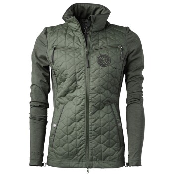 Eine stilvolle grüne gesteppte Jacke mit hohem Kragen, mit einem Reißverschluss vorne und zwei Reißverschlusstaschen, ideal für den Outdoor-Einsatz.