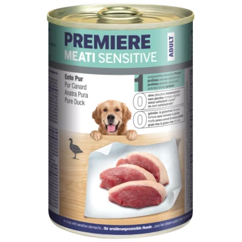 Nourriture en conserve pour chien "Premiere Meati Sensitive" avec de la viande de canard pure, étiquetée "0% glucides," idéale pour les chiens ayant un estomac sensible.