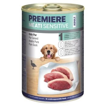 Dosen-Hundefutter "Premiere Meati Sensitive" mit reinem Entenfleisch, beschriftet mit "0% Kohlenhydrate", ideal für Hunde mit empfindlichem Magen.