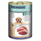 Dosen-Hundefutter "Premiere Meati Sensitive" mit reinem Entenfleisch, beschriftet mit "0% Kohlenhydrate", ideal für Hunde mit empfindlichem Magen.