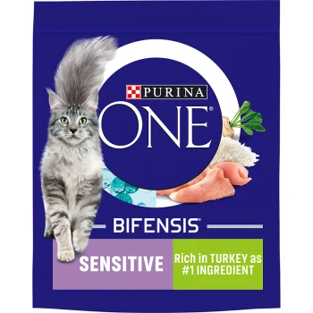 Purina ONE Bifensis cat food bag featuring a gray cat, with text highlighting "SENSITIVE" and "Rich in TURKEY as #1 INGREDIENT."