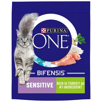 Purina ONE Bifensis cat food bag featuring a gray cat, with text highlighting "SENSITIVE" and "Rich in TURKEY as #1 INGREDIENT."