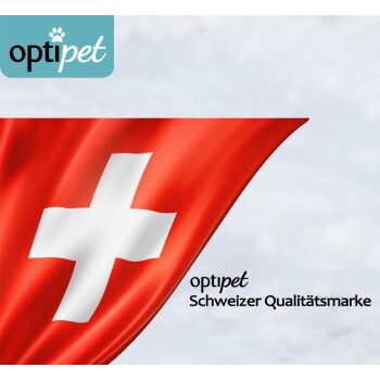 Logo von "optipet" mit einem Hintergrund aus der Schweizer Flagge, mit dem Text "optipet Schweizer Qualitätsmarke."