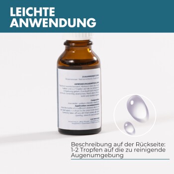 Braune Glasflasche mit einem weißen Deckel, beschriftet mit Anweisungen auf Deutsch zur Anwendung von 1-2 Tropfen im Augenbereich.