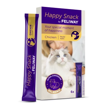 Happy Snack by (6x15g) Happy Snack de Feliway, saveur poulet, montre un chat détendu et une personne souriante avec le texte : "Votre moment spécial de bonheur."