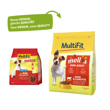 Zwei MultiFit-Hundefutterpackungen: rote "mellos Adult Mini" und gelbe "mellos MINI ADULT," mit einer Sprechblase, die sagt "Neues DESIGN, gleiche QUALITÄT."