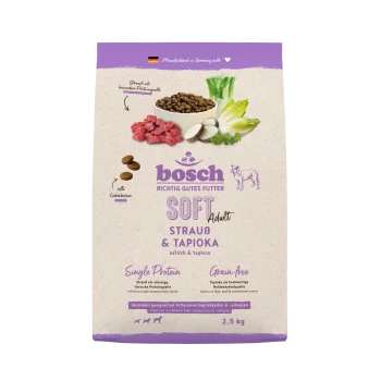 Bosch Soft Adult Hundefutter, Strauß & Tapioka, violetter Beutel mit Schüssel mit Kroketten und Zutaten, 2,5 kg.