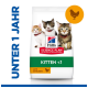 Tüte mit Hill's Science Plan Kittenfutter, die drei Kätzchen auf der Vorderseite zeigt, beschriftet "KITTEN <1" und "mit HÜHNCHEN."