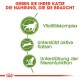 Katze Futter Werbung mit dem Text: "Geben Sie Ihrer Katze die Nahrung, die sie braucht." Symbole für Vitalität, aktive Katzenunterstützung und Nierengesundheit.