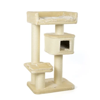 Kratzbaum Portland Ein beiger Kratzbaum für Katzen mit einer oberen Plattform, einem gemütlichen würfelförmigen Versteck und zwei unteren Plattformen zum Klettern und Entspannen.
