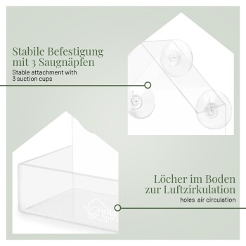 Klares Kunststoff-Fensterfuttertablett mit drei Saugnäpfen und Luftlöchern am Boden; Hinweis auf Saugnäpfe und Luftzirkulation.