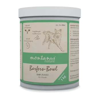 Behälter Montanus Nature Barfers-Bowl Hundeergänzung, 1 kg, mit Hundeillustration und deutschem Text.