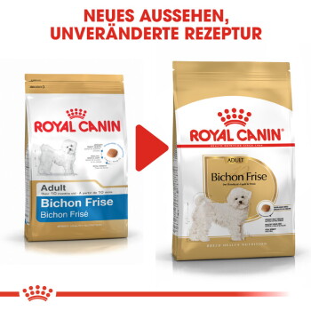 Zwei Säcke Royal Canin Bichon Frise Hundefutter mit neuem Design, aber dem gleichen Rezept. Text: "NEUES AUSSEHEN, UNVERÄNDERTE REZEPTUR."