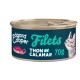 Nourriture pour chats en conserve avec la marque Edgard Cooper, étiquetée "Filets Thon et Calamar," avec une illustration de chat ludique, 70g.