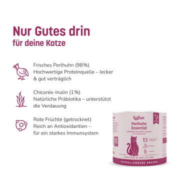 KatKare 'Perlhuhn' hypoallergene Katzensnack‑Dose mit deutscher Überschrift 'Nur Gutes drin für deine Katze' und 'Perlhuhn 98%'.