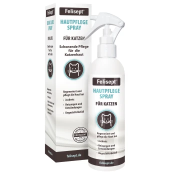 Felisept Hautpflegeprodukt: weiße Sprühflasche und Schachtel mit der Aufschrift 'Felisept', 'HAUTPFLEGE SPRAY' und 'FÜR KATZEN'.