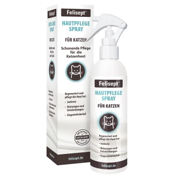 Felisept Hautpflegeprodukt: weiße Sprühflasche und Schachtel mit der Aufschrift 'Felisept', 'HAUTPFLEGE SPRAY' und 'FÜR KATZEN'.