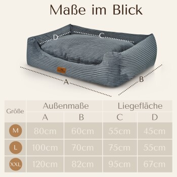 Größentabelle für Hundebetten mit einem grau gestreiften Bett und den Bezeichnungen A, B, C, D sowie den Größenoptionen M, L, XXL mit Maßen in cm.
