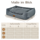 Größentabelle für Hundebetten mit einem grau gestreiften Bett und den Bezeichnungen A, B, C, D sowie den Größenoptionen M, L, XXL mit Maßen in cm.