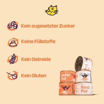 Dosenfutter für Katzen mit einer Cartoon-Katze und Text: "Kein Zuckerzusatz," "Keine Füllstoffe," "Keine Körner," "Kein Gluten."