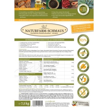 Verpackung für Naturfarm-Schmaus getreidefreies Hundefutter, das Insektenprotein, hohe Verdaulichkeit und Eignung für allergieempfindliche Hunde bietet.