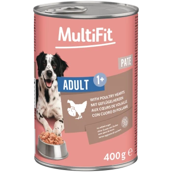 MultiFit Adult 1+ Paté Hundenahrung, Geschmack Geflügelherzen, 400 g, zeigt fröhlichen Hund und Schüssel mit Paté auf pinkem Etikett.