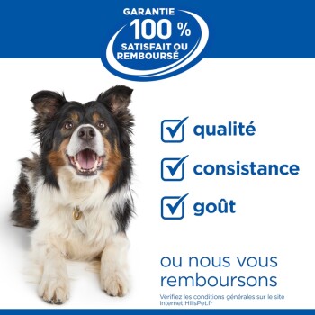 Chien souriant avec un badge 'GARANTIE 100% SATISFAIT OU REMBOURSÉ' et une liste de contrôle : qualité, consistance, goût