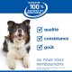Chien souriant avec un badge 'GARANTIE 100% SATISFAIT OU REMBOURSÉ' et une liste de contrôle : qualité, consistance, goût