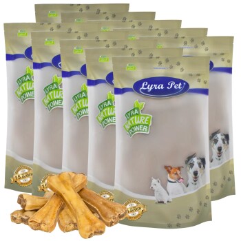 Eine Sammlung von Lyra Pet Hundeleckerlitaschen, die ein natürliches Kraftthema zeigen, mit mehreren Taschen, die hinter einem Haufen Kaustreifen gestapelt sind.