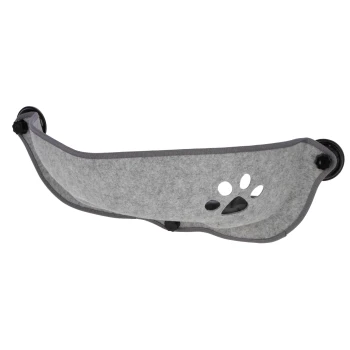 Grau Haustier-Hängematte mit einem Pfotenabdruck-Ausschnitt, mit verstellbaren Saugnäpfen für eine einfache Befestigung.