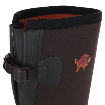 Brauner und schwarzer Neopren-Hundestiefel mit verstellbarem Riemen und orangefarbenem Hundelogo, beschriftet mit „Gateway 1“.