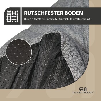 Nahaufnahme einer Haustiermatte mit rutschfester Unterseite, mit Text, der ihren Kratzschutz und ihre Stabilität hervorhebt.