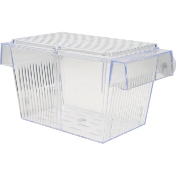 Transparente Kunststoff-Haustiertrage mit einem geschlitzten Deckel und Belüftungsschlitzen, entworfen für kleine Tiere.