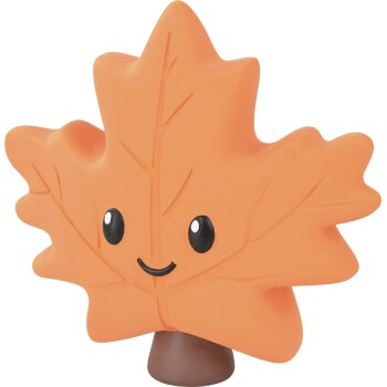 Orange maple-leaf shaped pet toy with smiling face, black eyes and short brown stem