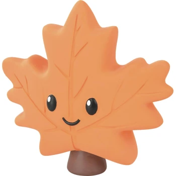 Orange maple-leaf shaped pet toy with smiling face, black eyes and short brown stem
