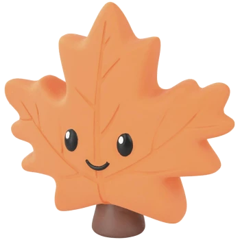 Orange maple-leaf shaped pet toy with smiling face, black eyes and short brown stem