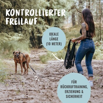 Eine tätowierte Frau hält eine 10-Meter-Leine in einem Wald mit einem glücklichen braunen Hund. Text: "Kontrollierter Freilauf," "Ideale Länge," "Für Rückruftraining."