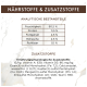 Deutsches Tierfutteretikett „NÄHRSTOFFE & ZUSATZSTOFFE“ Tabelle: Feuchtigkeit 80,5 %, Protein 11,5 %, Fett 2,5 %, Rohasche 2,5 %