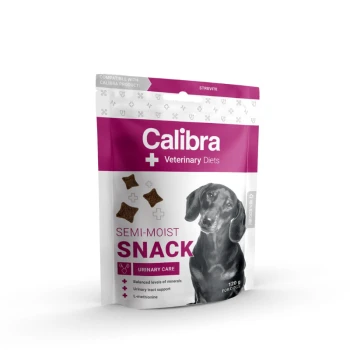 Calibra Veterinary Diets halbfeuchter Snack für Hunde, 120g Packung, beschriftet für Harnwegspflege mit einem Bild eines schwarzen Hundes und Nährwertvorteilen.