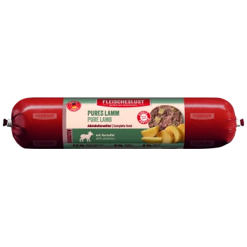 Rote zylindrische Verpackung von "Fleischeslust Pure Lamb" Hundefutter, mit den Etiketten "Vollwertfutter" und "mit Kartoffeln", 75% Fleisch, 0% Getreide.
