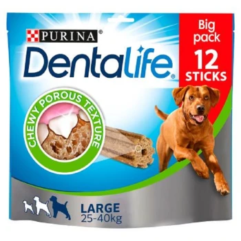 Purina Dentalife dog treats package, featuring a large size for dogs 25-40kg, with 12 chewy sticks and a porous texture.