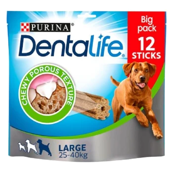 Purina Dentalife dog treats package, featuring a large size for dogs 25-40kg, with 12 chewy sticks and a porous texture.