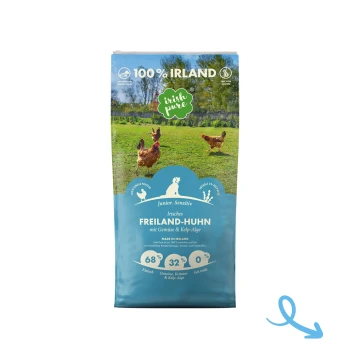 Hundefutterbeutel mit der Aufschrift "100% Irland", mit Hühnern auf einem grünen Feld, zeigt 68% Fleisch, 32% Gemüse, 0% Getreide.