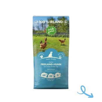 Hundefutterbeutel mit der Aufschrift "100% Irland", mit Hühnern auf einem grünen Feld, zeigt 68% Fleisch, 32% Gemüse, 0% Getreide.