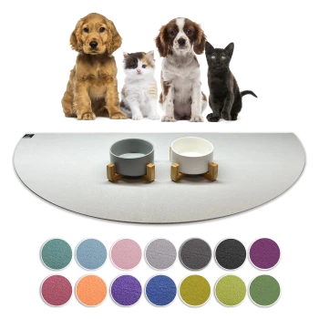 Ein Golden Retriever Welpe, flauschiges Kätzchen, brauner Welpe und schwarze Katze sitzen auf einer hellen Matte mit zwei Schalen und Farbmustern darunter.