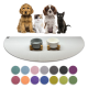 Ein Golden Retriever Welpe, flauschiges Kätzchen, brauner Welpe und schwarze Katze sitzen auf einer hellen Matte mit zwei Schalen und Farbmustern darunter.