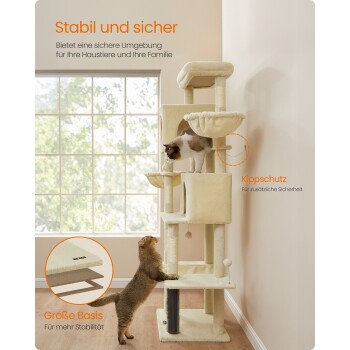 Ein beiger Katzenbaum mit mehreren Ebenen und einem Kratzbaum, mit zwei Katzen, die ihn erkunden. Der Text lautet 'Stabil und sicher' und 'Kippschutz.'